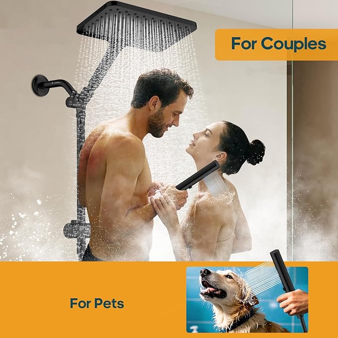 Hombeter Shower Heads with Handheld Combo, 10 Inch High Pressure Rain Shower Head, Height Adjustable Dual 2 in 1 Shower Head System with Stainless Steel Hose, Matte Black