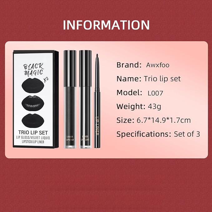 3pcs-Black Lipstick and Lip Liner Set Lip Kit,3 in 1 Velvet Lipstick Halloween Matte Liquid Lipstick Lip Gloss with Lip Pencil,Hydrating Lip Stain Lip Makeup（Black）