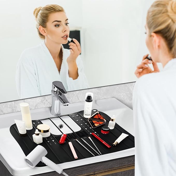 Ranphykx Sink Foldable Cover for Counter Space - Makeup Brush Cleaning Mat - Bathroom Makeup Tools Organizer Space Saver Bathroom Sink Silicone Cover