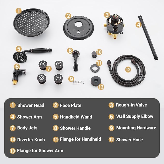 DASAN Antique Shower Faucet Sets Complete Rain Shower System in Wall with Body Shower Spray Jets, Oil Rubbed Bronze Shower Fixtures with Rainfall Overhead Shower, Handheld, Valve &Trim, AT249C-ORB