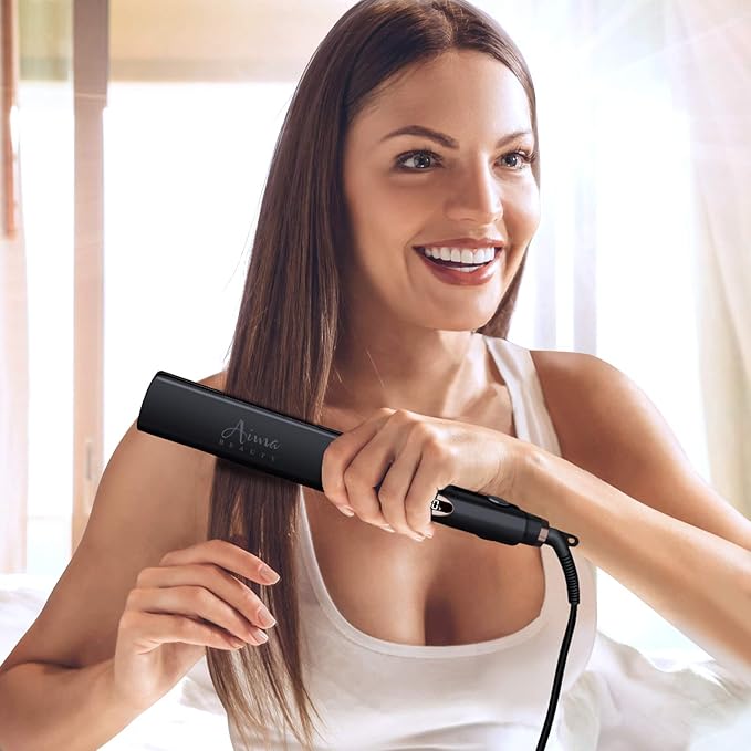 Aima Beauty Hair Straightener, 1.5 inch Extra Wide Flat Iron with 3D Floating Ceramic Coating Plates & LCD Temp Display Dual Voltage for Travel, Black