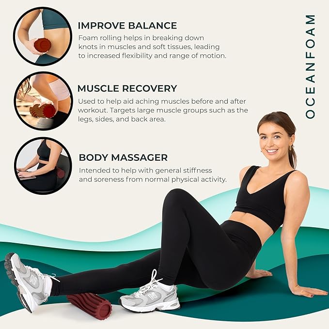 Oceanfoam Ripple Travel Foam Roller (11" x 3.35") Firm Mini Foam Roller for Physical Therapy, Deep Tissue Massage, Back Pain - High Density, Ergonomic Wave Textured - Yoga, Pilates, Exercise (Maroon)