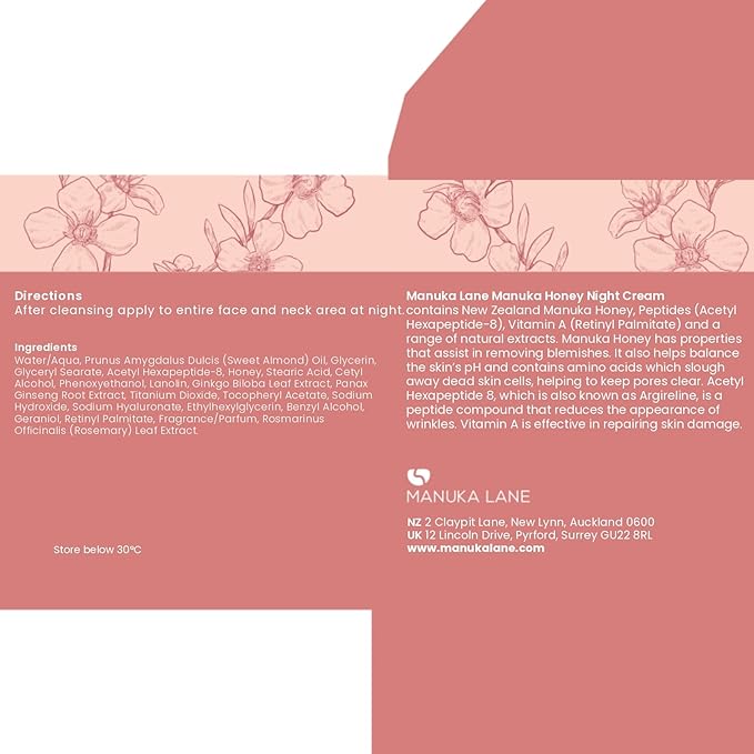 Manuka Lane Manuka Honey Night Cream for Face and Neck with Argireline, Rosemary, Sweet Almond Oil, & Vitamin A | Plant Based Formula | Carefully formulated to keep your skin young and healthy!