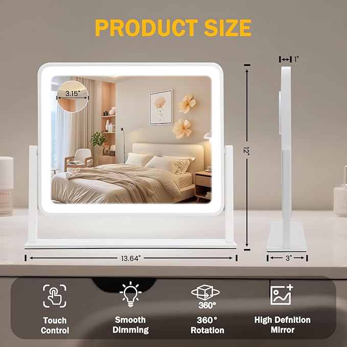 Vanity Mirror with Lights, 14"×12" LED Makeup Mirror, HD Professional Mirror, 10X Magnification, Smart Touch with 3-Color Lighting, Dimmable, 360° Rotation, Lighted Up for Makeup Desk, Bedroom (White)