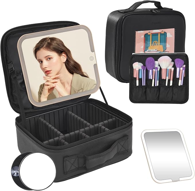 Travel Makeup Bag With LED Mirror,Cosmetic Train Case with 3 Color Setting,Cosmetic Makeup Organizer Bag with Adjustable Dividers,Portable Make up Box with Make up Brushes Holder Storage（Black）