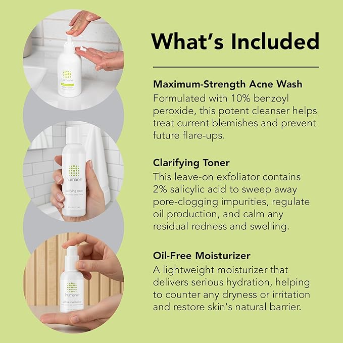 humane Maximum-Strength Acne Wash, Clarifying Toner, and Oil-Free Moisturizer Bundle - 10% Benzoyl Peroxide Acne Treatment