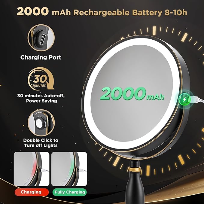 Lighted Makeup Mirror, 20x Magnifying Rechargeable Double Side Vanity Mirror, 3 Color Lights with Brightness Adjustable, Matte Black with Gold Trim, Modern Style Side Touch + Side Charge, Women Gift