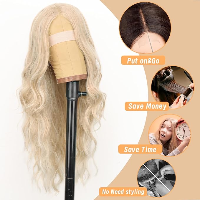 AISI HAIR Platinum Blonde Highlight Wig for Women, Long Wavy Lace Hairline Middle Part Synthetic Heat Resistant Wig for Daily Party-26 Inch
