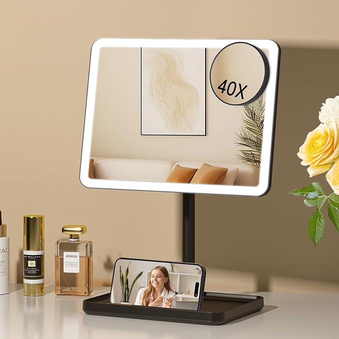 FUNTOUCH Vanity Mirror with Lights for Women Girls, Makeup Mirror Christmas Birthday Gifts for Adult Teen Kid,Detachable 40X Magnification for Vanity Desk Tabletop, Black