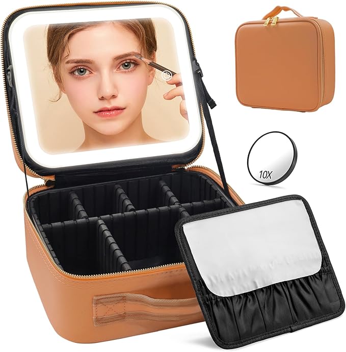 Jadazror Makeup Case, Lighted Mirror, Travel, Waterproof, Brown