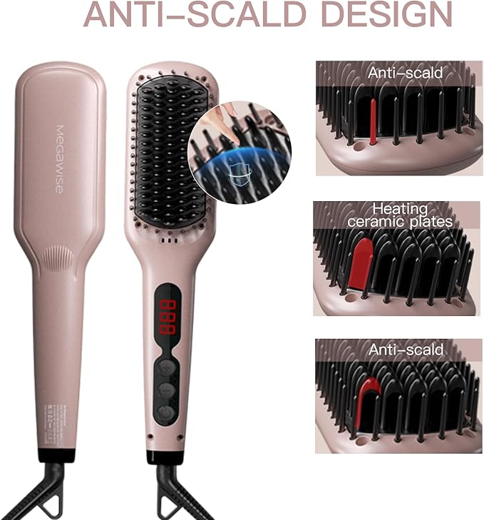 MEGAWISE Pro Ceramic Ionic Hair Straightener Brush for Home Salon | MCH Fast 20s Heating Tech with Auto-Off Safety | Anti-Scald with Universal Dual Voltage | Rotatable Power Cord (Rose Gold)
