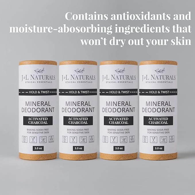J&L Naturals Mineral Deodorant | Baking Soda-Free, 100% Natural, Sustainable Skin Care | Sensitive Deodorant For Women & Men | Aluminum Free, Vegan, Cruelty-Free (Activated Charcoal, 3 Oz (Pack of 4))
