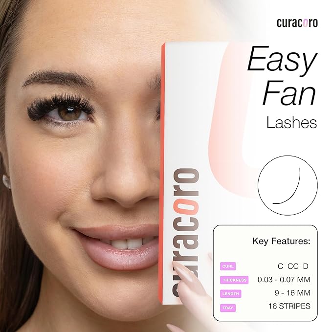 Curacoro Easy Fan Eyelash Extensions 0.03~0.07mm Thickness, C CC D Curl, 9mm-16mm Mixed & Single Length, Super Matte Black Volume Self Fanning Lash Extensions, Professional Supplies for Lash Techs