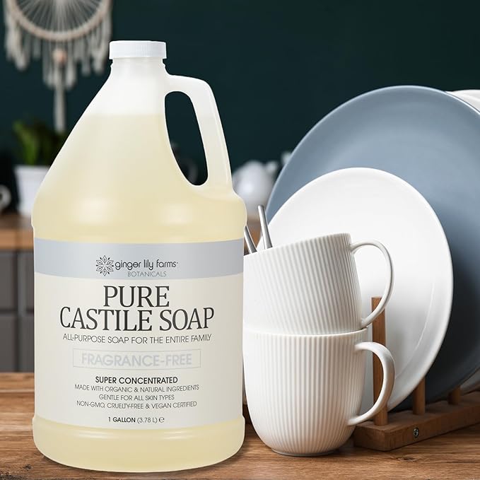 Ginger Lily Farms Botanicals Pure Castile Liquid Soap Refill, Fragrance-Free, 1 Gallon, All-Purpose Cleaner for Body, Face, Hair, Dishes, Laundry & Pets, Non-GMO, 100% Vegan & Cruelty-Free