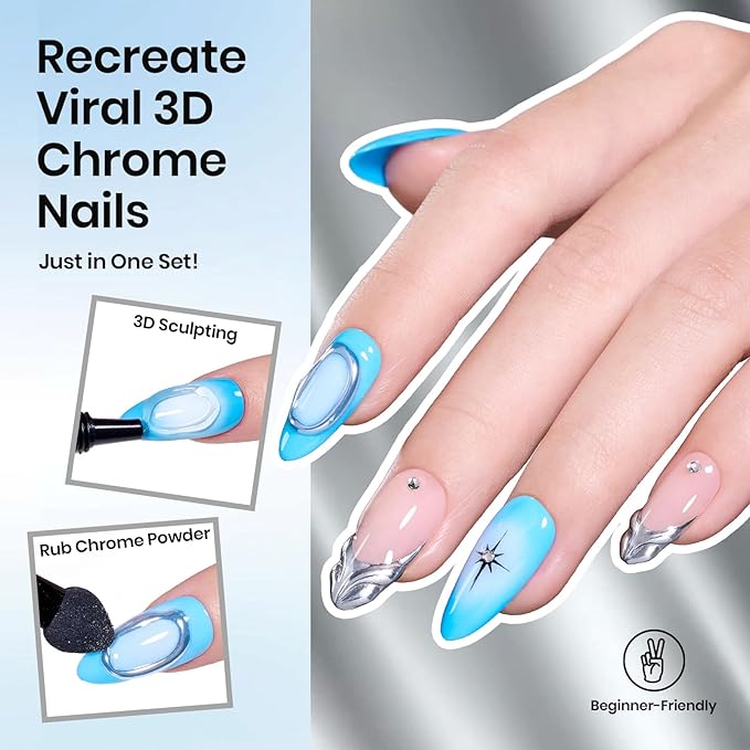 Beetles 3D Gel Nail Art, Sculpting Gel 3 in 1 Clear No Wipe Nail Polish Rhinestone Art Glue Gel for Drawing, Molding, Gems and Decoration with Silver Chrome Nail Powder for DIY Nail Designs, 15g