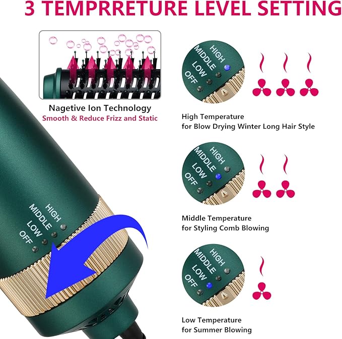 3 in 1 Hair Dryer & Volumizer, Ceramic Negative Ion Curling Dryer Styler with 3 Interchangerable Brush Heads (Green)