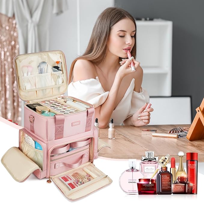 Jaffzora Extra Large Makeup Bag,4 in 1 Cosmetic Storage Organizer Travel Case with Detachable Pouches and Dividers,Pink
