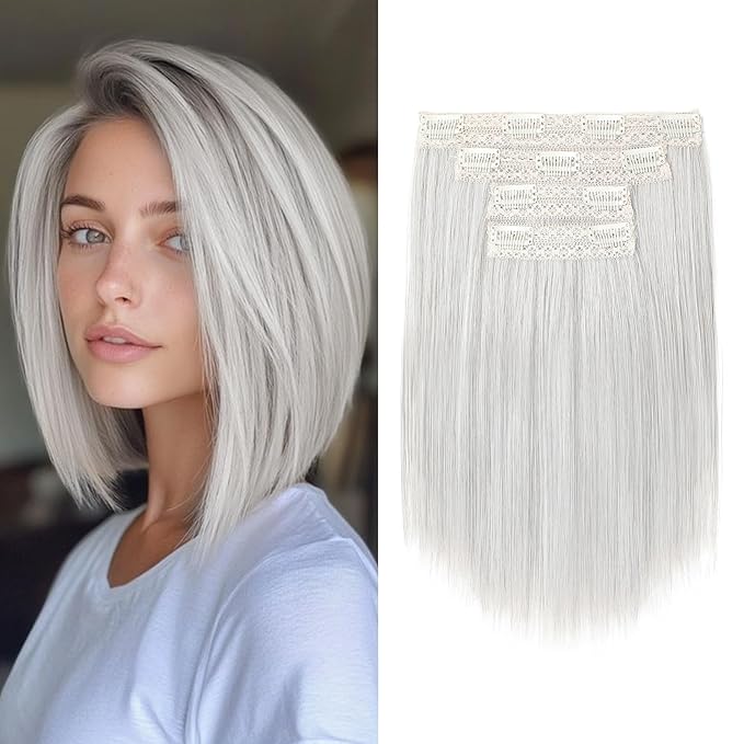 Hair Extensions, 10" Short Clip in Hair Extensions 4PCS Straight Natural Soft Synthetic Hairpiece for Women- Silver Grey