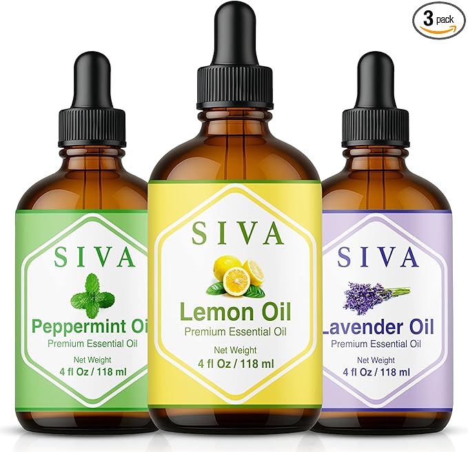 Siva Lemon, Peppermint and Lavender Essential Oil 4oz Bundle Super Saver Combo – Premium Grade Value Set for Aromatherapy, Skincare and Haircare