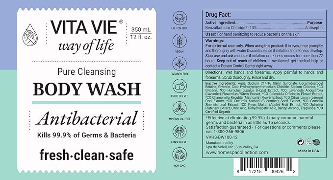 VITA VIE Body Wash, Lemon Scent, Antibacterial Soap for Hands and Forearms With Hazel, Willow Bark Extract, and Tea Tree Oil, Clean Nourishing Formula, Vegan, Paraben Free, Non GMO, 12 FL Oz
