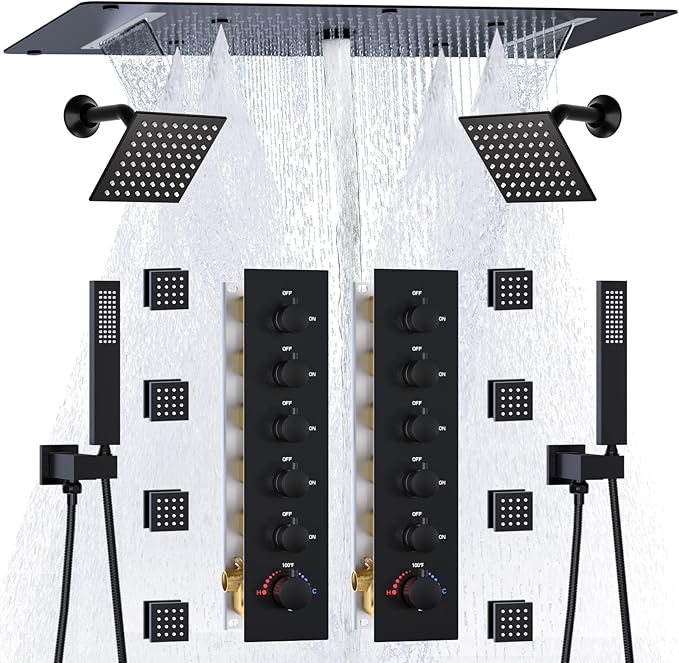 HOMEDEC Luxury Dual Shower System for Couples, 15x28" Rain 4-Function and Dual 6" Side Wall Mounted Shower Heads, with 5-Way Diverter Valves, Black