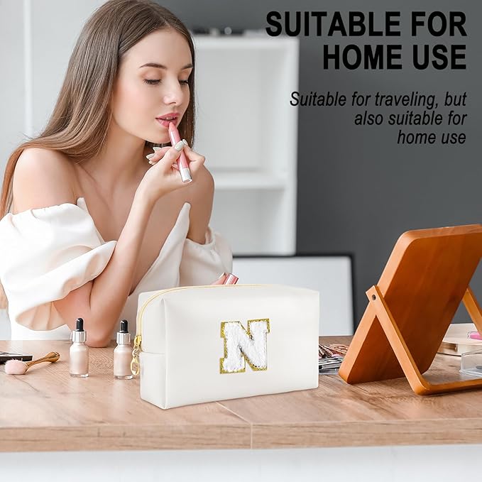 URSKYTOUS Gifts for Girls Initial Makeup Bag Personalized Cosmetic Bag with Zipper Cute Travel Toiletry Bags Waterproof PU Preppy Makeup Pouch Birthday Gift for Teen Girls Women(White N)