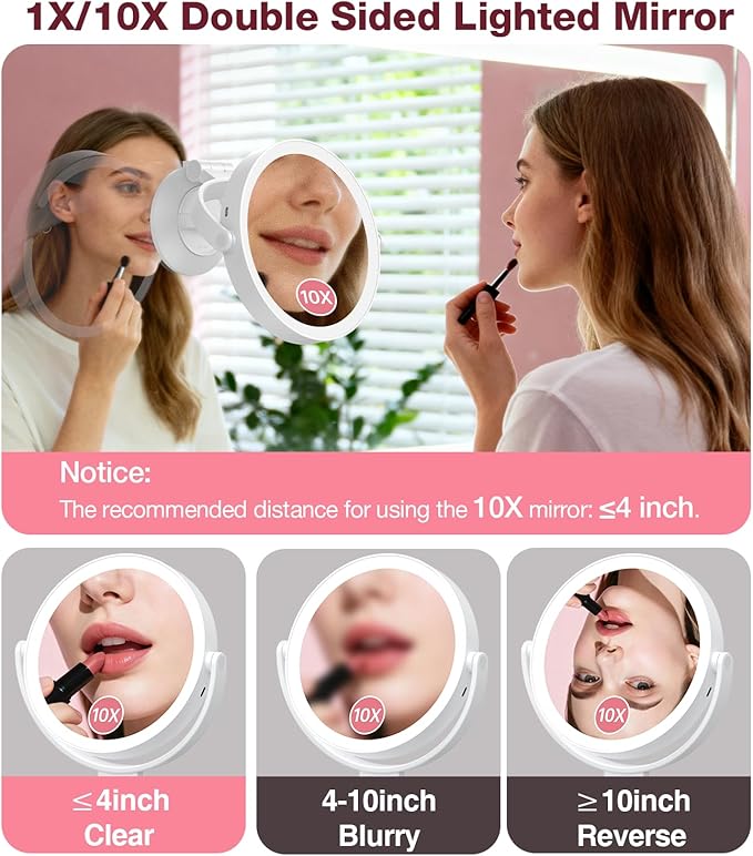 Benbilry Suction Cup Magnifying Mirror with Light 10X, Wall Mounted Makeup Mirror with Suction Cup for Bathroom, 3 Color Lights and Adjustable Brightness, 2 in 1 Tabletop for Desk - White