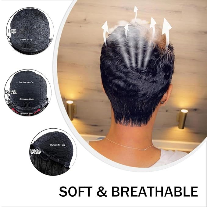 Short Pixie Cut Wig for black women Real Brazilian Virgin Human Hair Black and Honey Blonde Highlight full Machine Made Glueless wig Short layered Pixie Haircut hairstyle 1B/33#