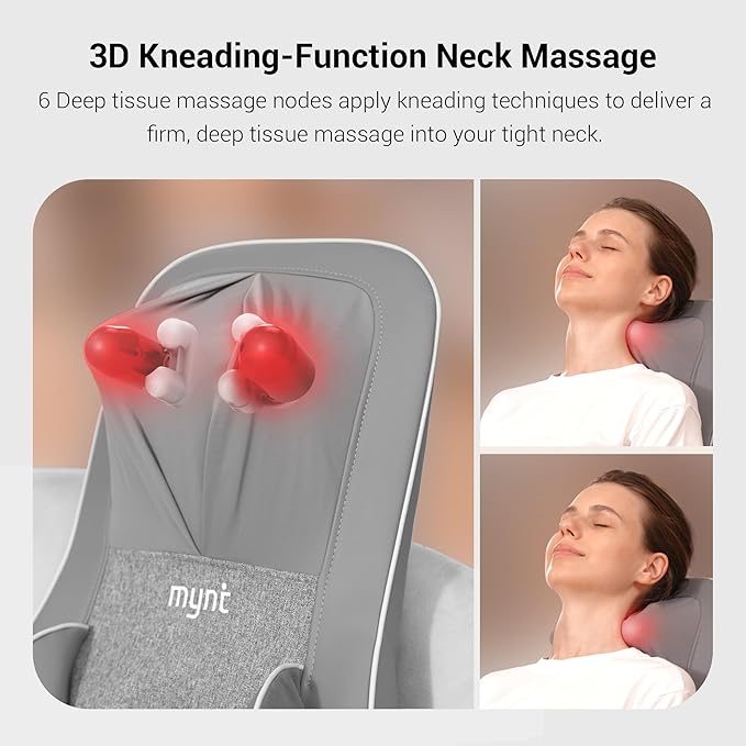 Mynt FSA Eligible HSA Approved Shiatsu Neck and Back Massager for Chair with 10 Deep Kneading Nodes, 2D & 3D Adjustable Back Massage with Heat, Portable Massage Chair Pad (Gray)