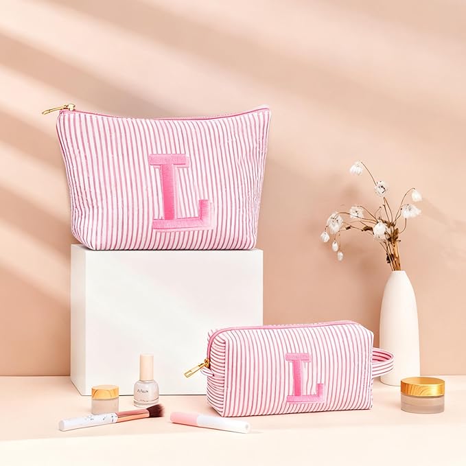 Fohufo Initial Makeup Bag Set - Cute Purple Stuff for Women, Personalized Makeup Pouch Cosmetic Bag, Travel Essentials Toiletry Bag, Birthday Christmas Gifts for Women, Purple Letter E