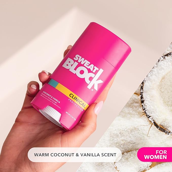 SweatBlock Clinical Strength Deodorant for Women Coconut and Vanilla Scent 48 Hour Sweat and Odor Protection Daily Use Formula Designed for Long-Lasting Freshness and Confidence Dermatologist Tested