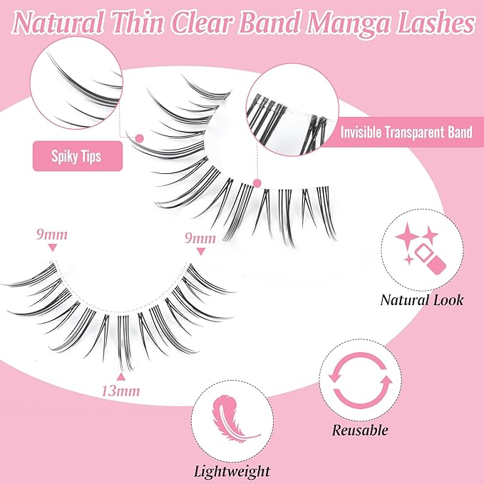 EYDEVRO Natural Look Anime Lashes with Clear Band - Moonlight - Ultra-thin Clear Band - Ideal for Various Occasions - Pair - Faux Mink - Adhesive Mount - Black