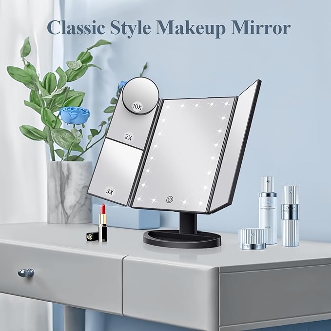 HUONUL Makeup Mirror Vanity with Lights, 2X 3X 10X Magnification, Touch Control, Trifold Mirror, Dual Power Supply, Gifts for Women, Wife, Mom, Teengirls(Black)