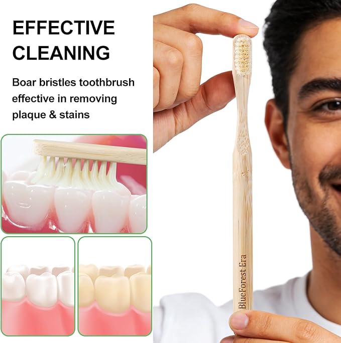 Boar Bristles & Bamboo Toothbrush, Premium Boar Bristle Toothbrush for Adult, Plastic & Nylon Free, Eco-Friendly Natural Biodegradable Compostable Bamboo Tooth Brushes 6 Pack