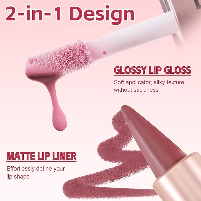 2-in-1 Matte Lip Liner Pencil and Lip Gloss Set, Double-ended Plumping Lip Oil Set for Women, 12H Long-Lasting & Waterproof Lipstick 2Pcs
