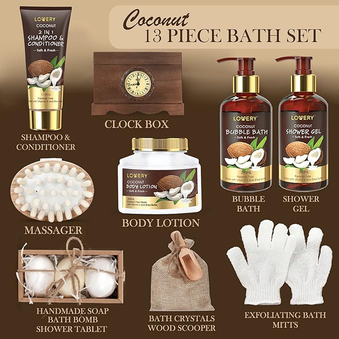 Mens Gift, Bath Set in a Vintage Style Wooden Clock Box, 13Pc Premium Coconut Spa Kit for Men & Women, Body Lotion, Handmade Soap, Bath Bomb, Coconut Shampoo & Conditioner, Massager & More