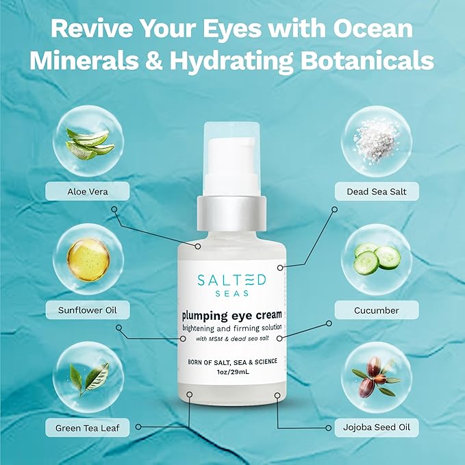 Salted Seas Plumping Eye Cream – Made in USA - Hydrating, Firming, Brightening Under Eye Treatment for Dark Circles, Puffiness & Fine Lines – Anti-Aging Skincare with Ocean Minerals & Hyaluronic Acid