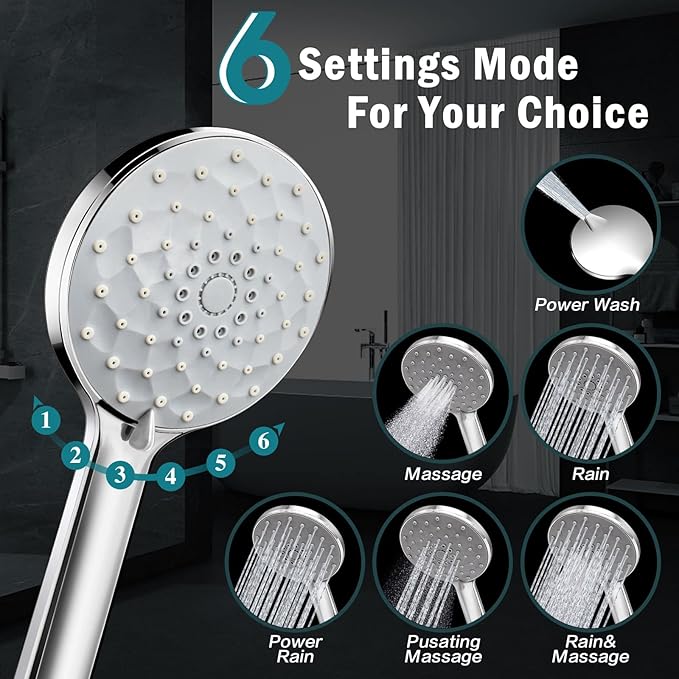 PinWin Shower Head, Upgraded Dual Rain Shower Head with Adjustable Extension Arm, 6-Setting Handheld Combo, Powerful High-Pressure Spray Against Low Pressure Water (12-Inch Showerhead Set, Chrome)