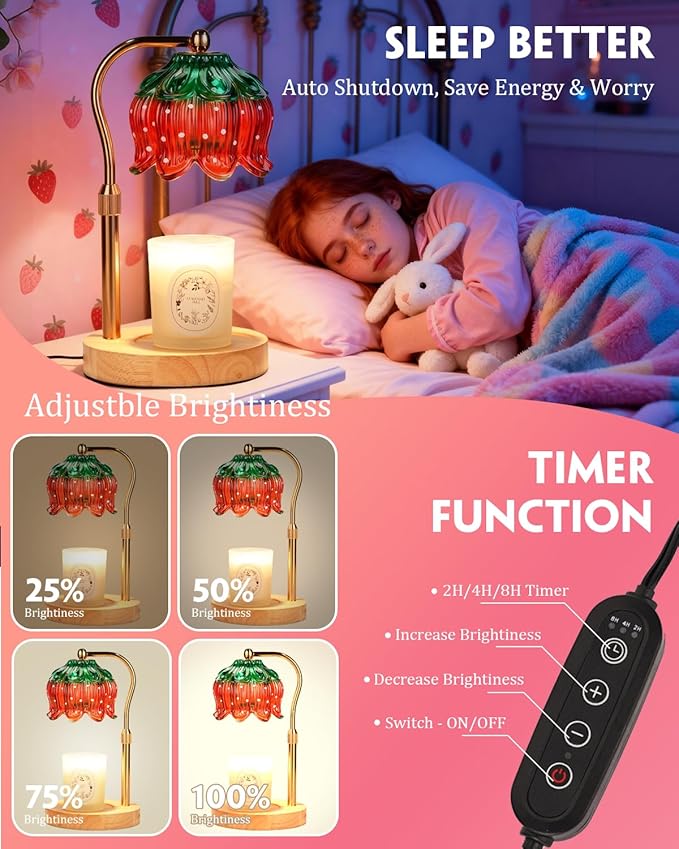 Strawberry Candle Warmer Lamp Height Adjustable, Lotus Strawberry Flower Lamp for Yankee Village Candles, Cute Candle Lamp with Timer & Dimmable, Birthday Christmas Gifts for Women Mom Adult
