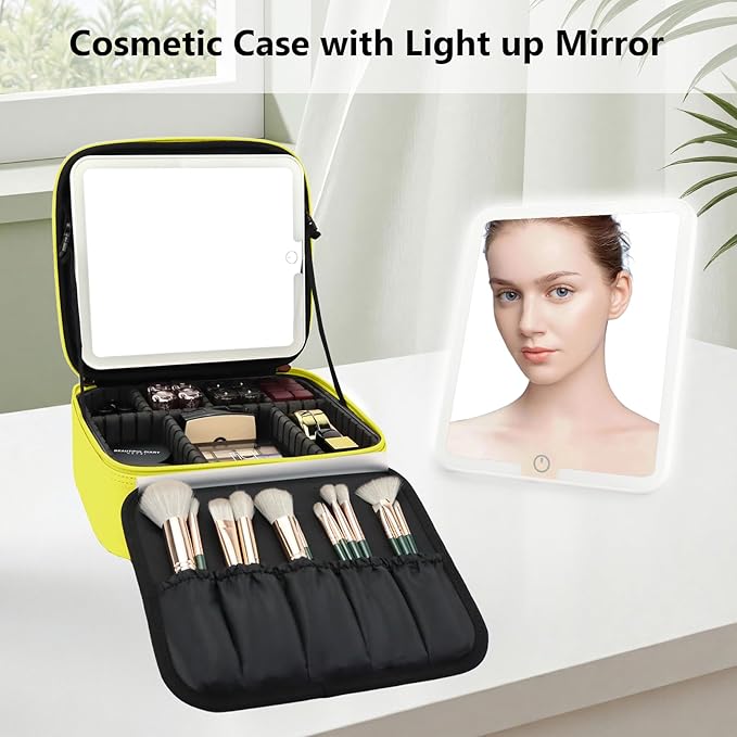 SLUMAZI Travel Makeup Bag with LED Mirror Travel Makeup Organizer with 3 Lighted Settings, Adjustable Dividers and Makeup Brush Storage Bag Yellow