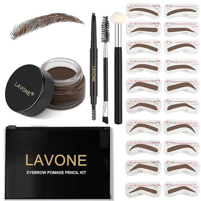 LAVONE Eyebrow Stamp Stencil Kit, Brow Stamp Trio Kit with Waterproof Eyebrow Pencil, Eyebrow Pomade, 20 Eyebrow Stencils, Dual-ended Eyebrow Brush and Sponge Applicator - Dark Brunette