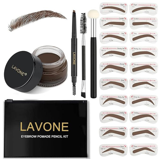 LAVONE Eyebrow Stamp Stencil Kit, Brow Stamp Trio Kit with Waterproof Eyebrow Pencil, Eyebrow Pomade, 20 Eyebrow Stencils, Dual-ended Eyebrow Brush and Sponge Applicator - Dark Brunette