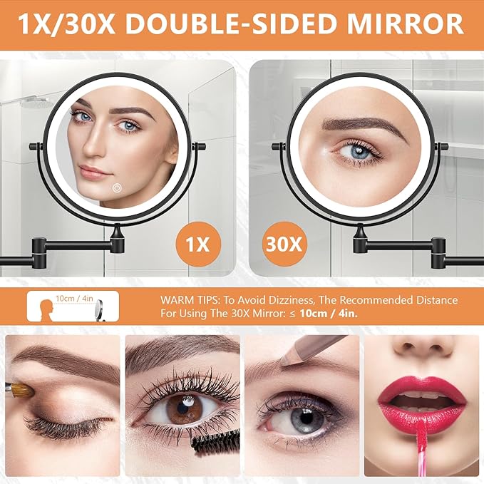 Auxmir 1X/30X Wall Mounted Lighted Makeup Mirror, 8" Rechargeable Double-Sided Magnifying Mirror with Light, Touch Dimmable 3 Color Light, 360° Rotation Foldable Extended Arm, Black