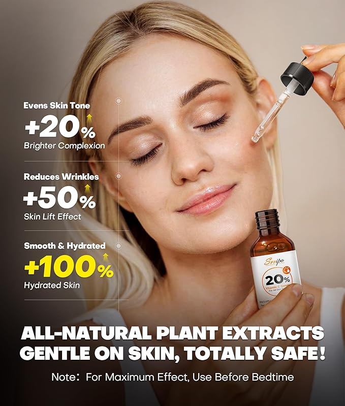 Pure Natural Skin Brightening & Anti Aging 20% Vitamin C Serum, Collagen Peptide Infused Face Serum for Deep Hydration, All-in-One with Niacinamide, Retinol, Hyaluronic Acid, 2.02 Fl Oz