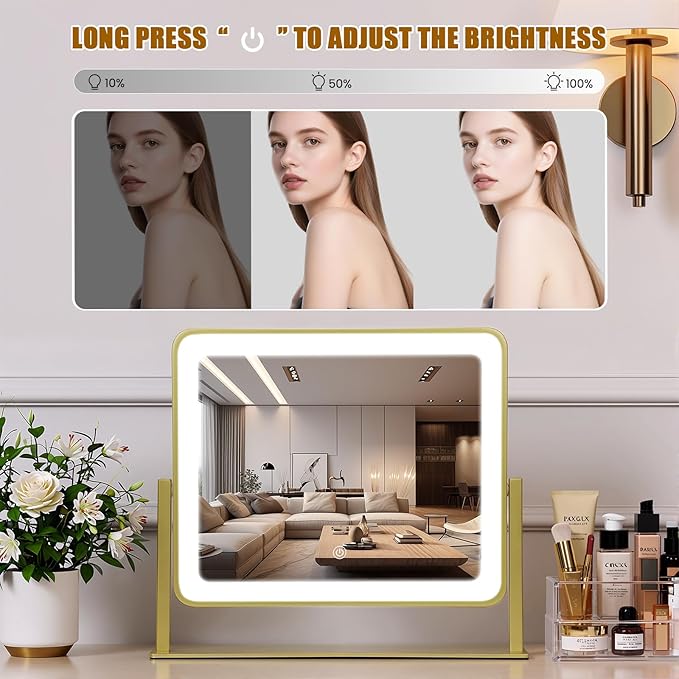 Vanity Mirror with Lights, 14"×12" LED Makeup Mirror, HD Professional Mirror, Smart Touch with 3-Color Lighting, Dimmable, 360° Rotation, Lighted Up for Makeup Desk, Bedroom (Gold)