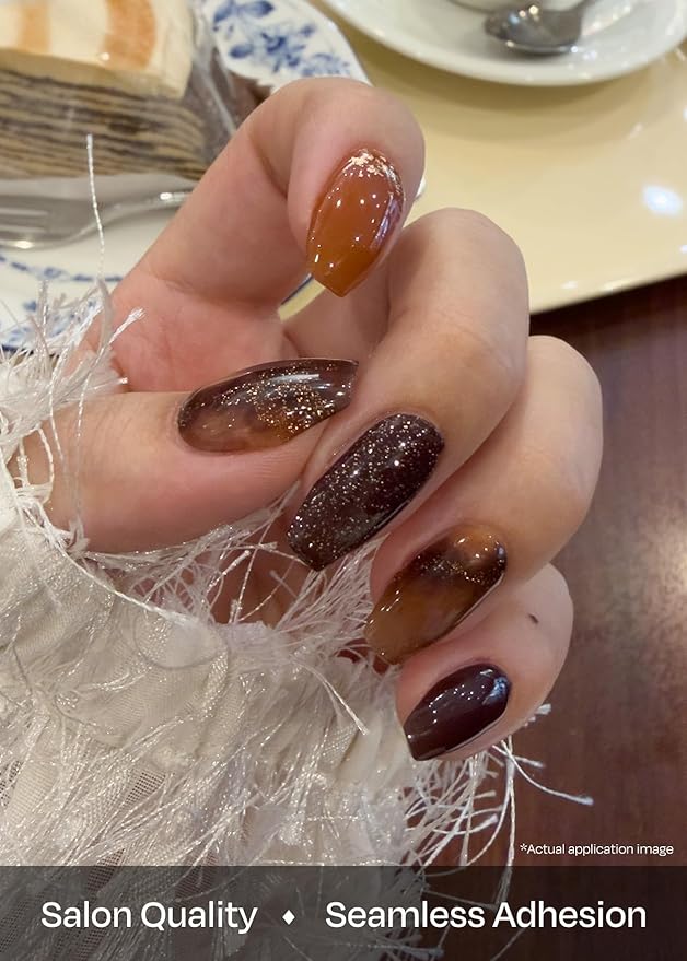 ohora Semi Cured Gel Nail Strips (N Cinnamon Glaze) - Works with Any Lamps, Salon-Quality, Long Lasting, Easy to Apply & Remove - Includes 2 Prep Pads, Nail File & Wooden Stick