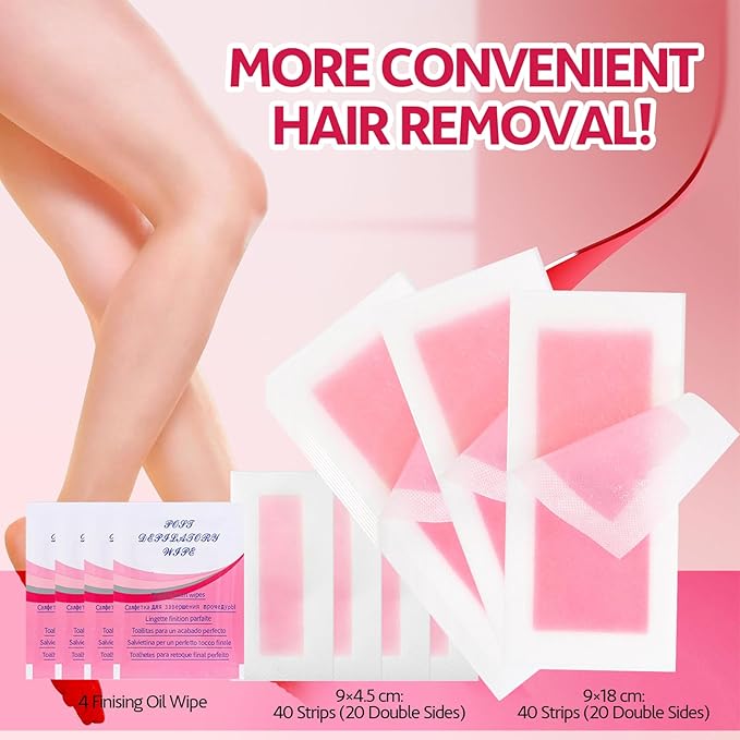 Wax Strips for Hair Removal, Wax Strips, Waxing Kit For Women Face, Body, Arms, Legs, Chest, Back, Bikini Wax Strips, Waxing Hair，Removeal Kit with 80PCS + 4 Calming Oil Wipes