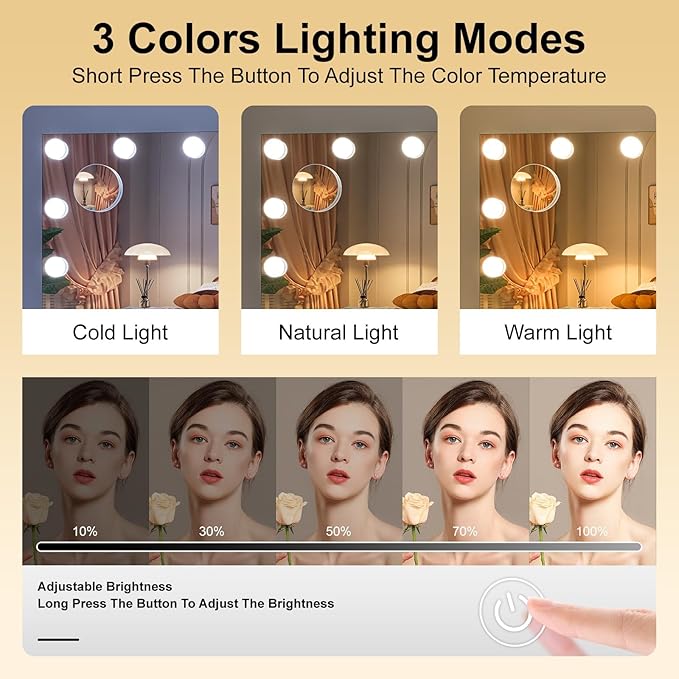 Hasipu Hollywood Vanity Mirror with Lights, 35" x 24" Makeup Mirror with 16 Dimmable LED Bulbs 3 Color Modes & Detachable, 5X Magnifying Glass, Touch Control, USB and Type-C, Tempered Glass