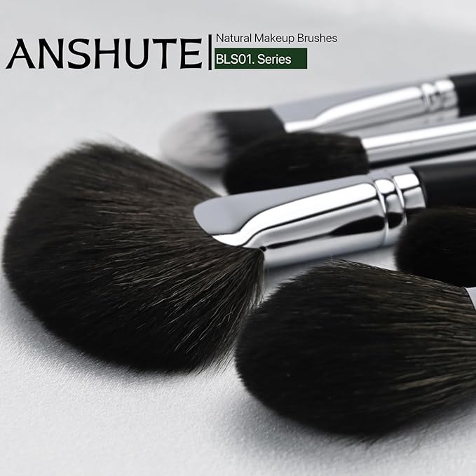 Anshute 12-Piece Professional Natural Goat Hair Makeup Brush Set with Travel-Ready Makeup Brush Organizer - 5 Face & 7 Eye Brushes. Super Soft Bristles, Variety of Brushes. Labled Brush Handle