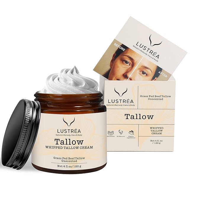 LUSTRÉA Whipped Tallow Cream for Face & Body 4oz | Grass Fed Beef Tallow Moisturizer | Face Cream for Dry Skin & Sensitive Skin | Beef Tallow Balm, Non-Greasy Daily Skincare (120 gram, Unscented)